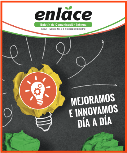 Cartel de boletín de comunicación interna. Enlace. Foco encendiendo. Ideas e innovación.