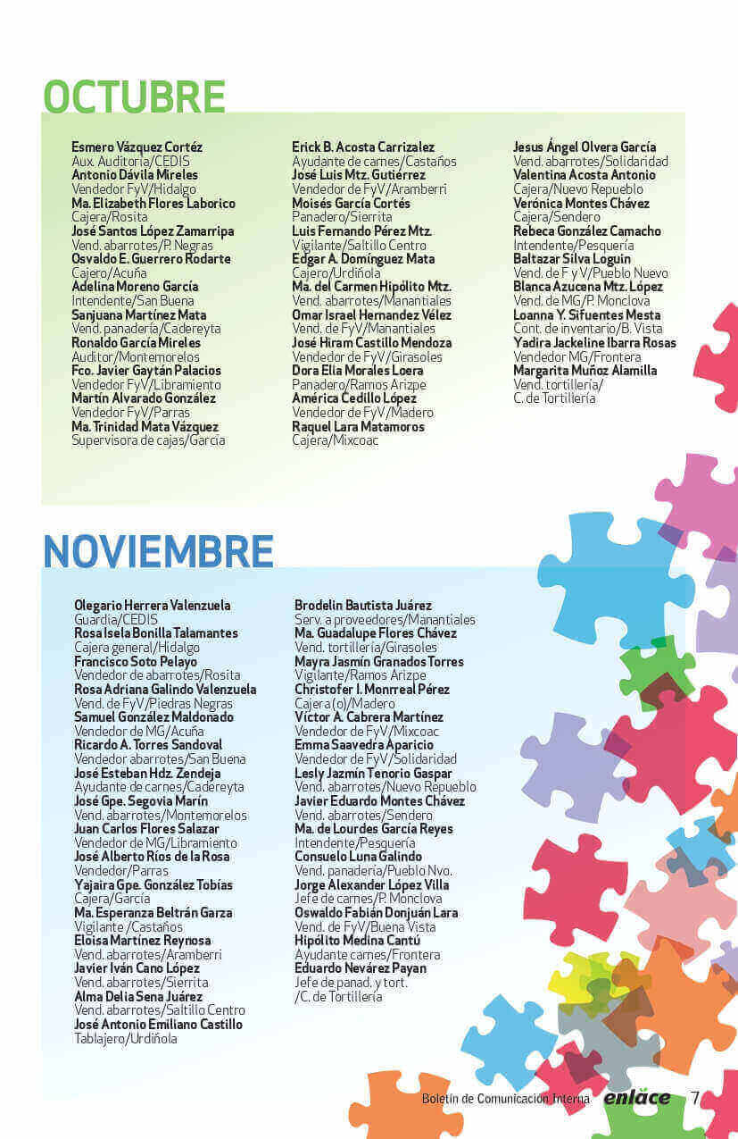 Calendario Merco. Octubre. Noviembre. Piezas de rompecabezas